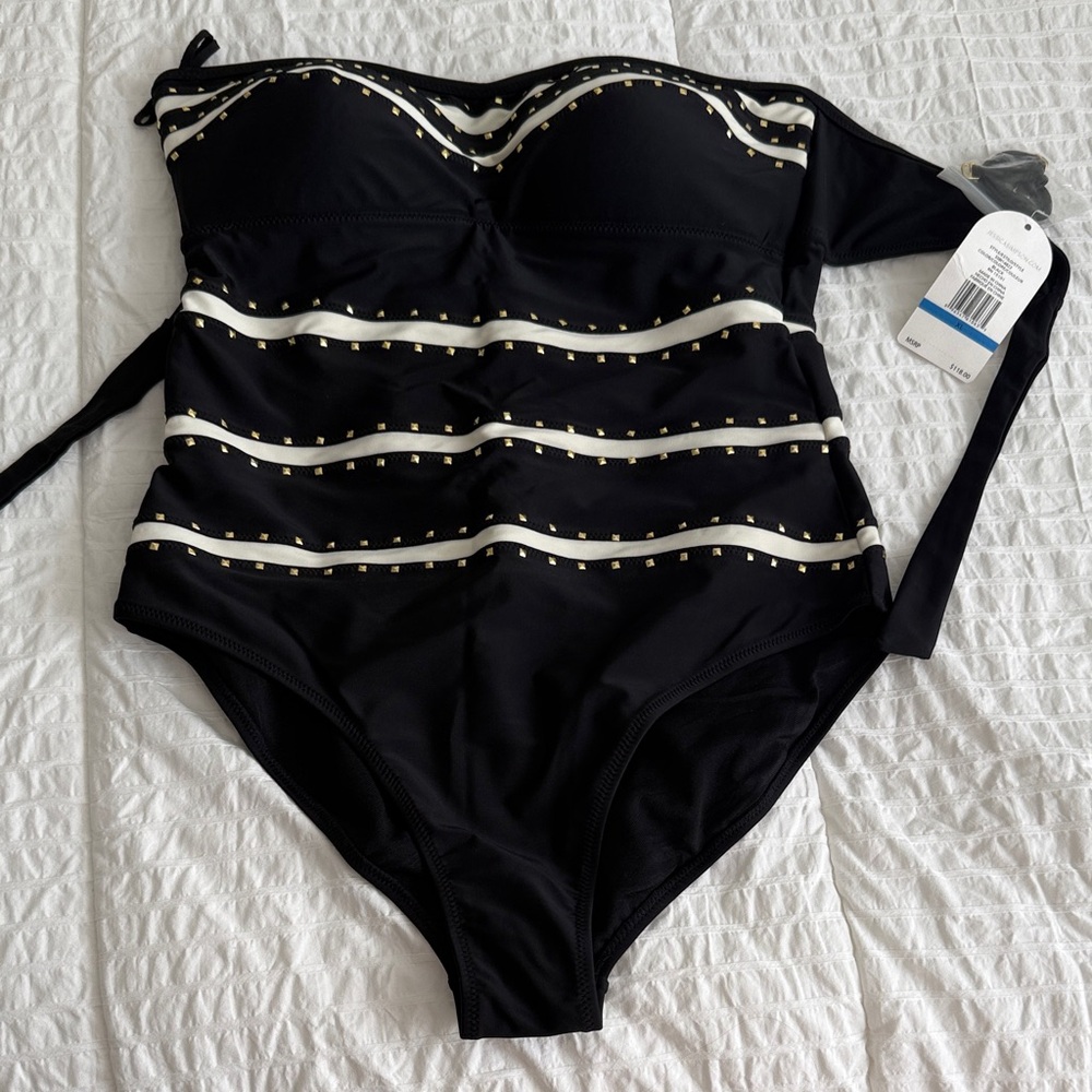 Jessica Simpson Black Strapless One-Piece with White Stripes and Gold Studs